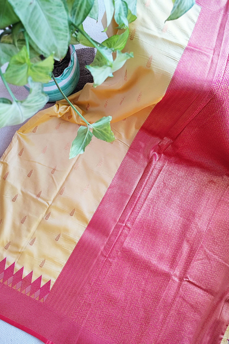 Cream & Punch Pink Semi Silk Saree With Embroidery & Tassels