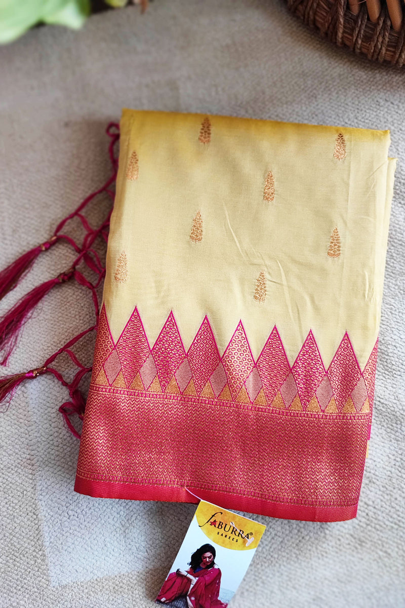 Cream & Punch Pink Semi Silk Saree With Embroidery & Tassels