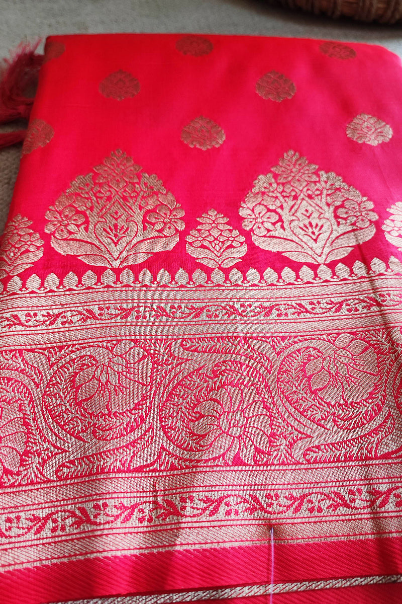 Ruby Banarsi Semi Silk Saree With Zari Work