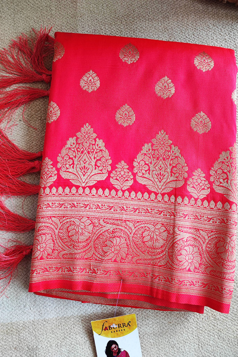 Ruby Banarsi Semi Silk Saree With Zari Work