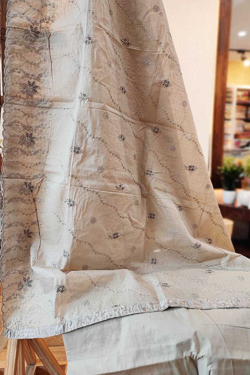 Beige & Gray Floral Linen by Cotton Suit With Cutwork Embroided Cotton Dupatta