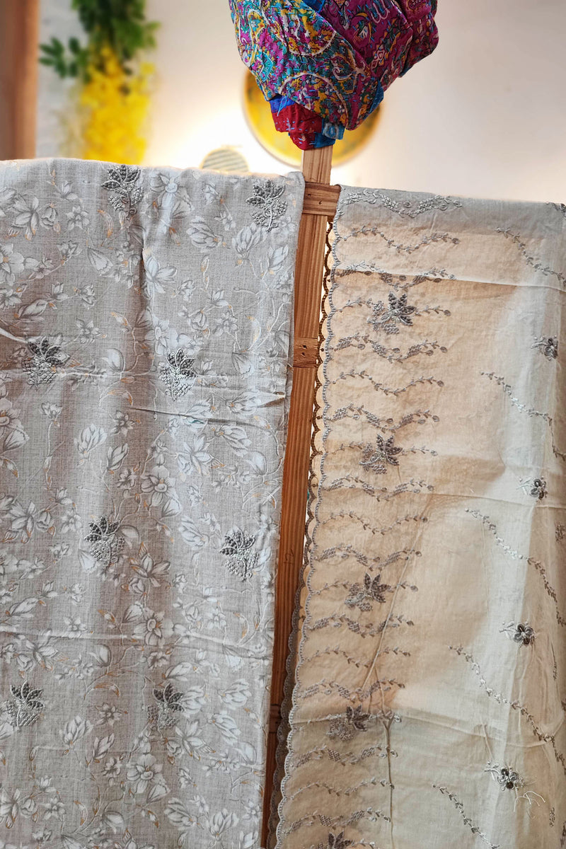 Beige & Gray Floral Linen by Cotton Suit With Cutwork Embroided Cotton Dupatta