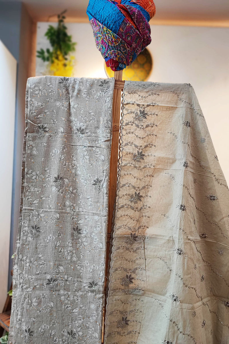 Beige & Gray Floral Linen by Cotton Suit With Cutwork Embroided Cotton Dupatta