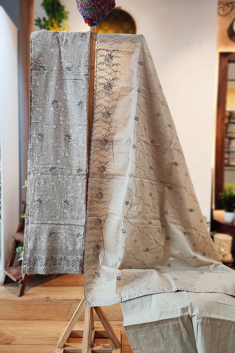 Beige & Gray Floral Linen by Cotton Suit With Cutwork Embroided Cotton Dupatta