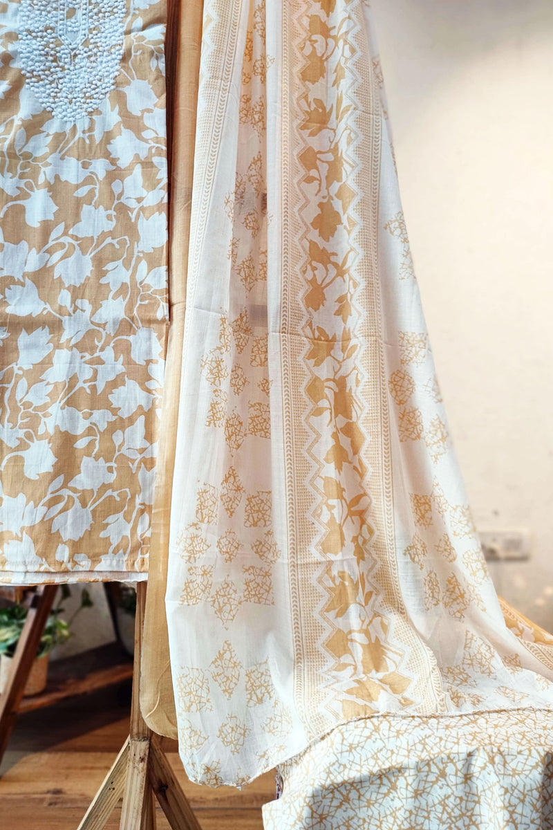 Peach Linen by Cotton Suit Set With Neck Embroidery