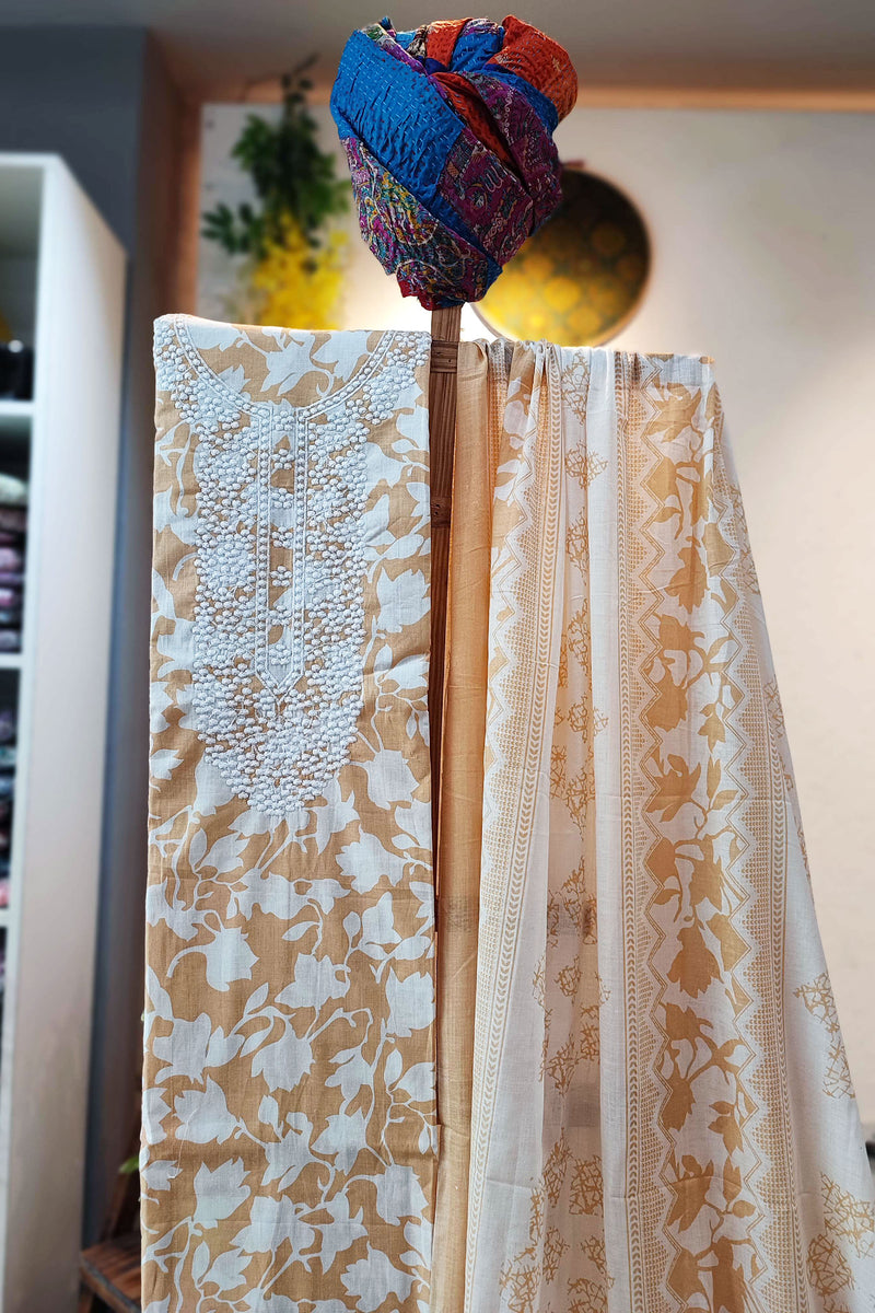 Peach Linen by Cotton Suit Set With Neck Embroidery