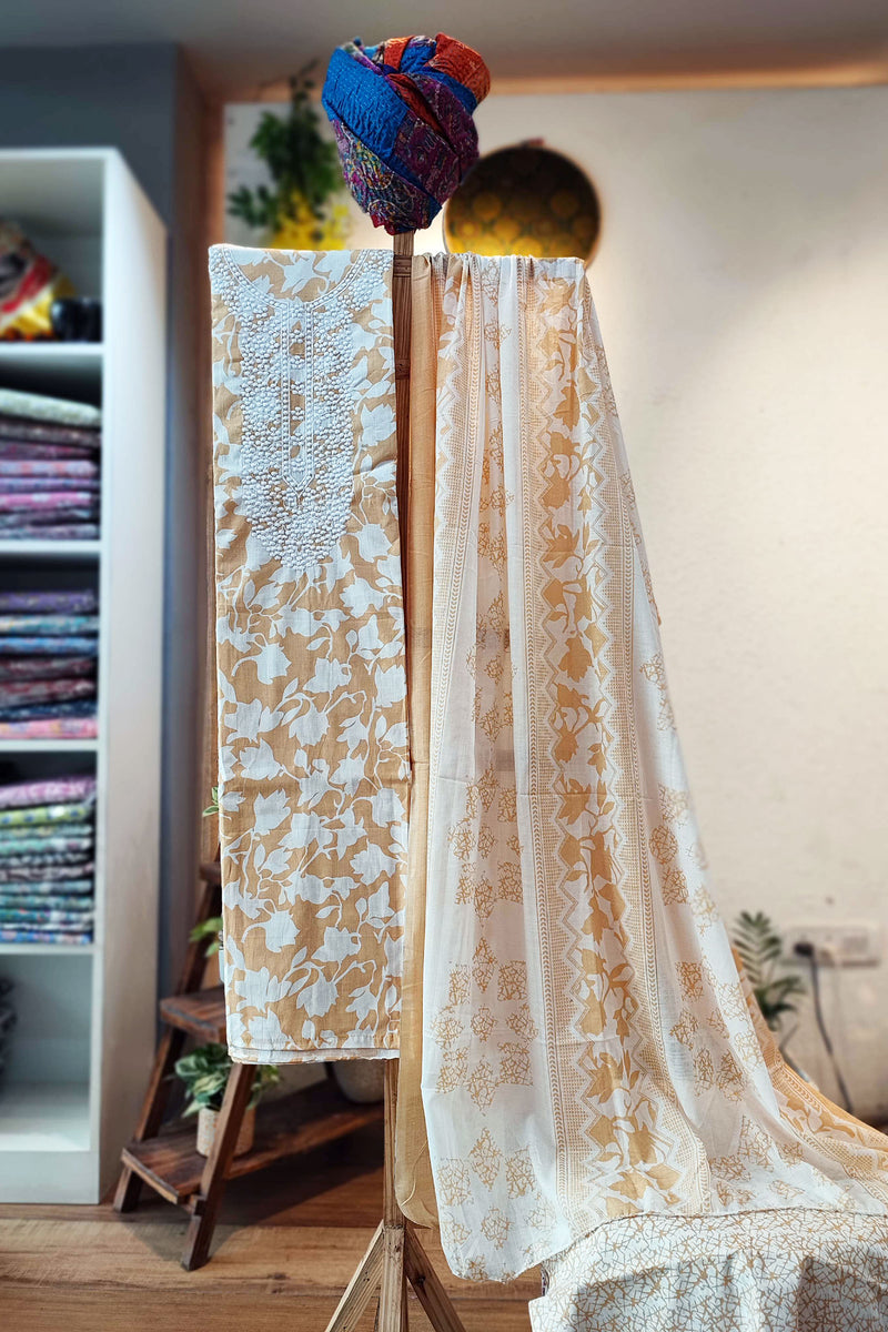 Peach Linen by Cotton Suit Set With Neck Embroidery