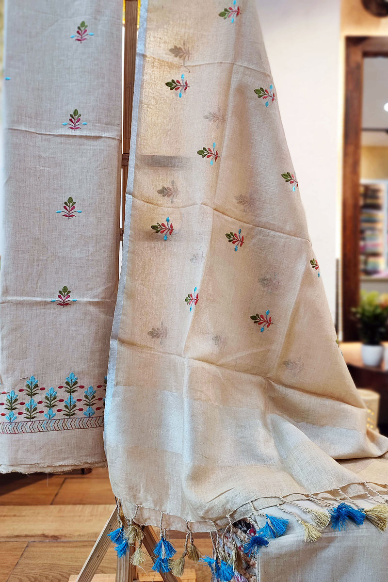 Cream Pure Linen Suit Set With Embroidery