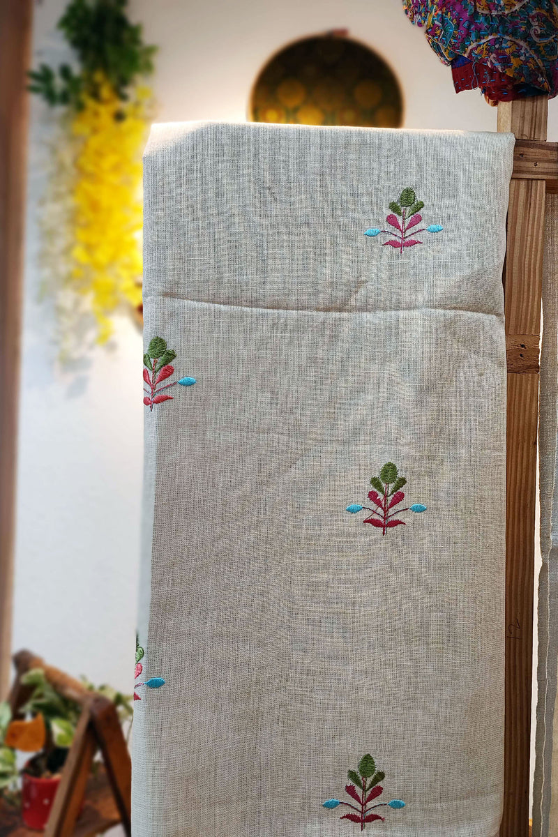 Cream Pure Linen Suit Set With Embroidery