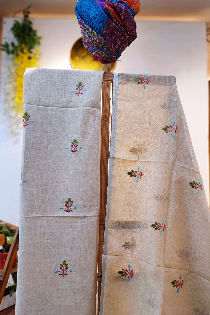 Cream Pure Linen Suit Set With Embroidery