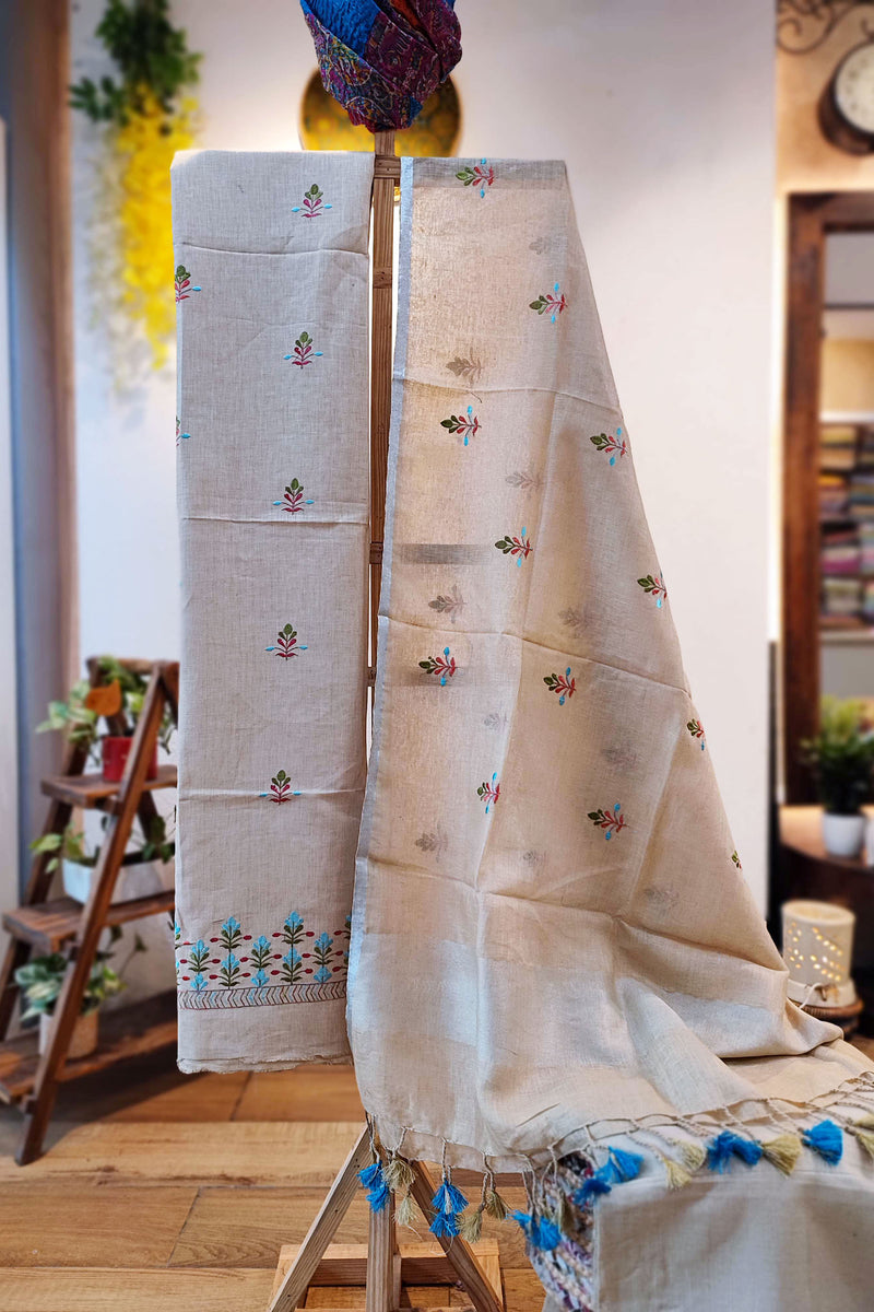 Cream Pure Linen Suit Set With Embroidery