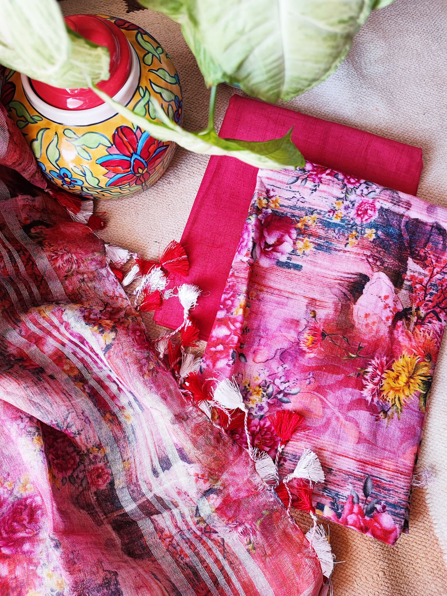 Shades of Red Pure Linen Suit Set With Embroidery