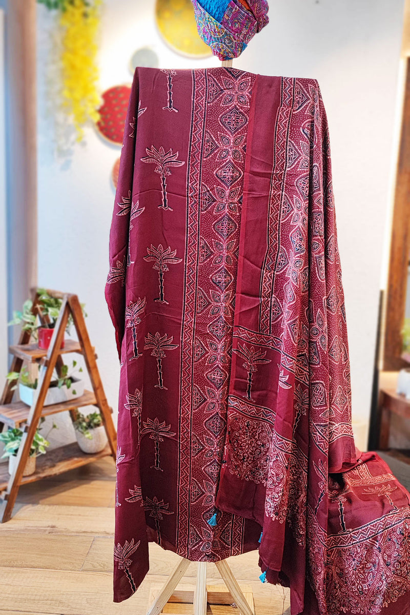 Berry Red Premium Ajrakh Modal Silk Handblock Printed Suit Set