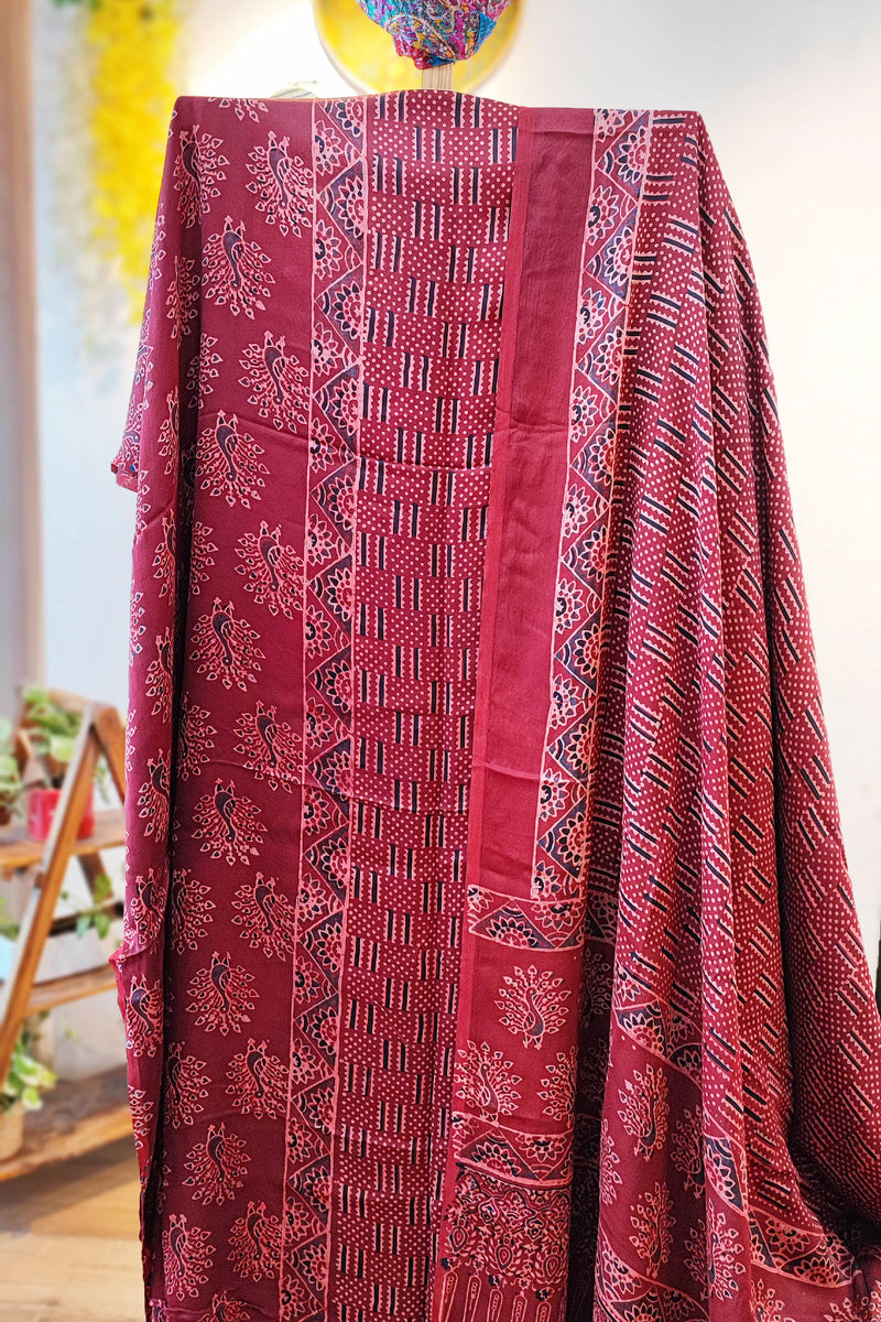 Cherry Red Premium Ajrakh Modal Silk Handblock Printed Suit Set