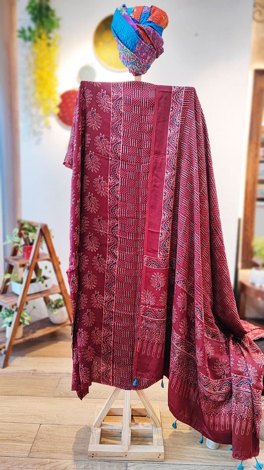 Cherry Red Premium Ajrakh Modal Silk Handblock Printed Suit Set