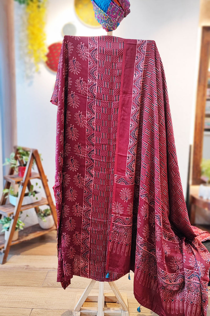 Cherry Red Premium Ajrakh Modal Silk Handblock Printed Suit Set