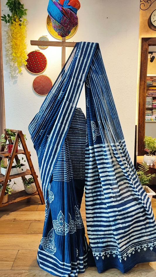 Indigo Pure Cotton Striped Block Print Saree