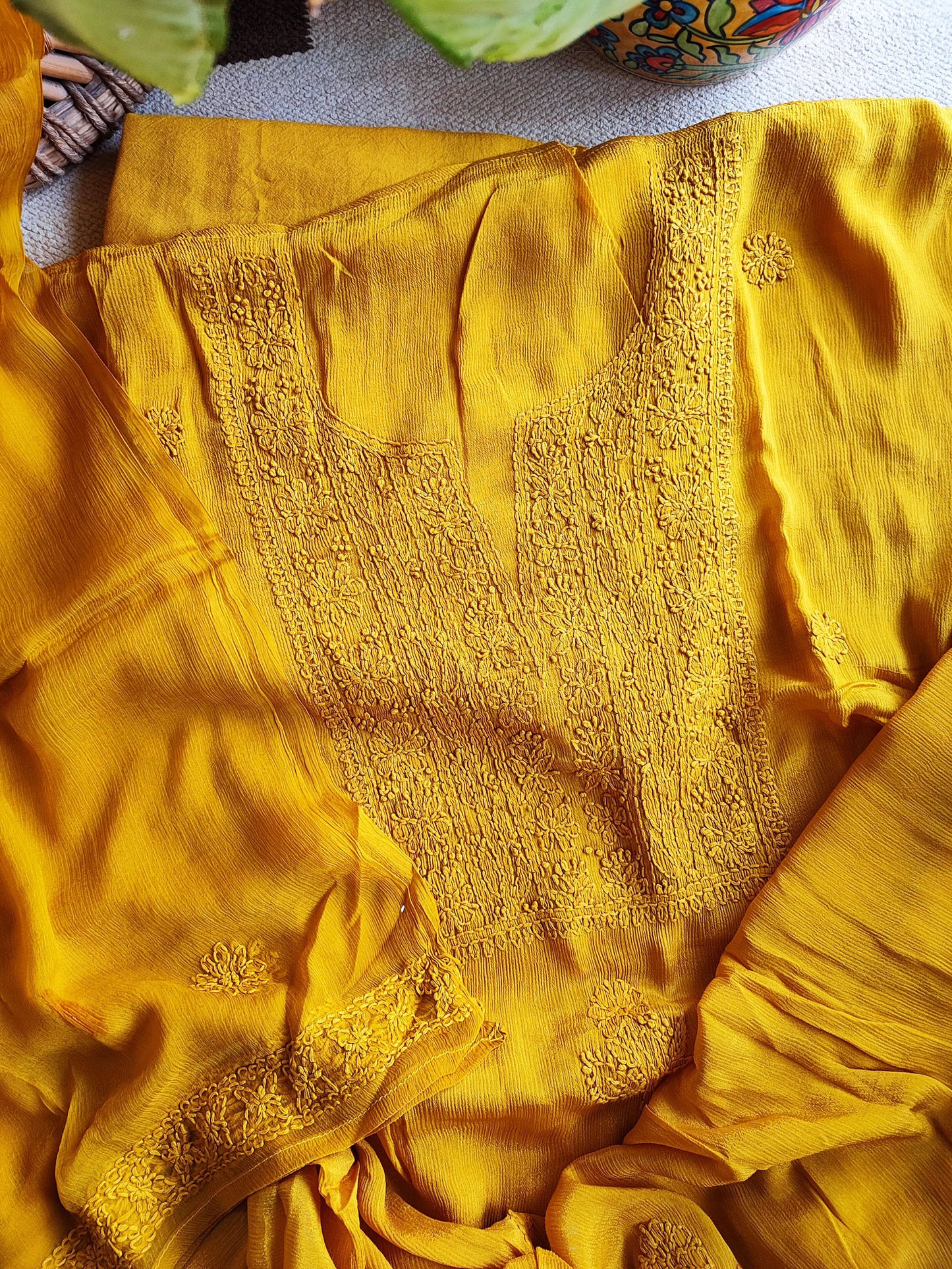 Mustard Lucknowi Chiffon Suit With Chikankari Work