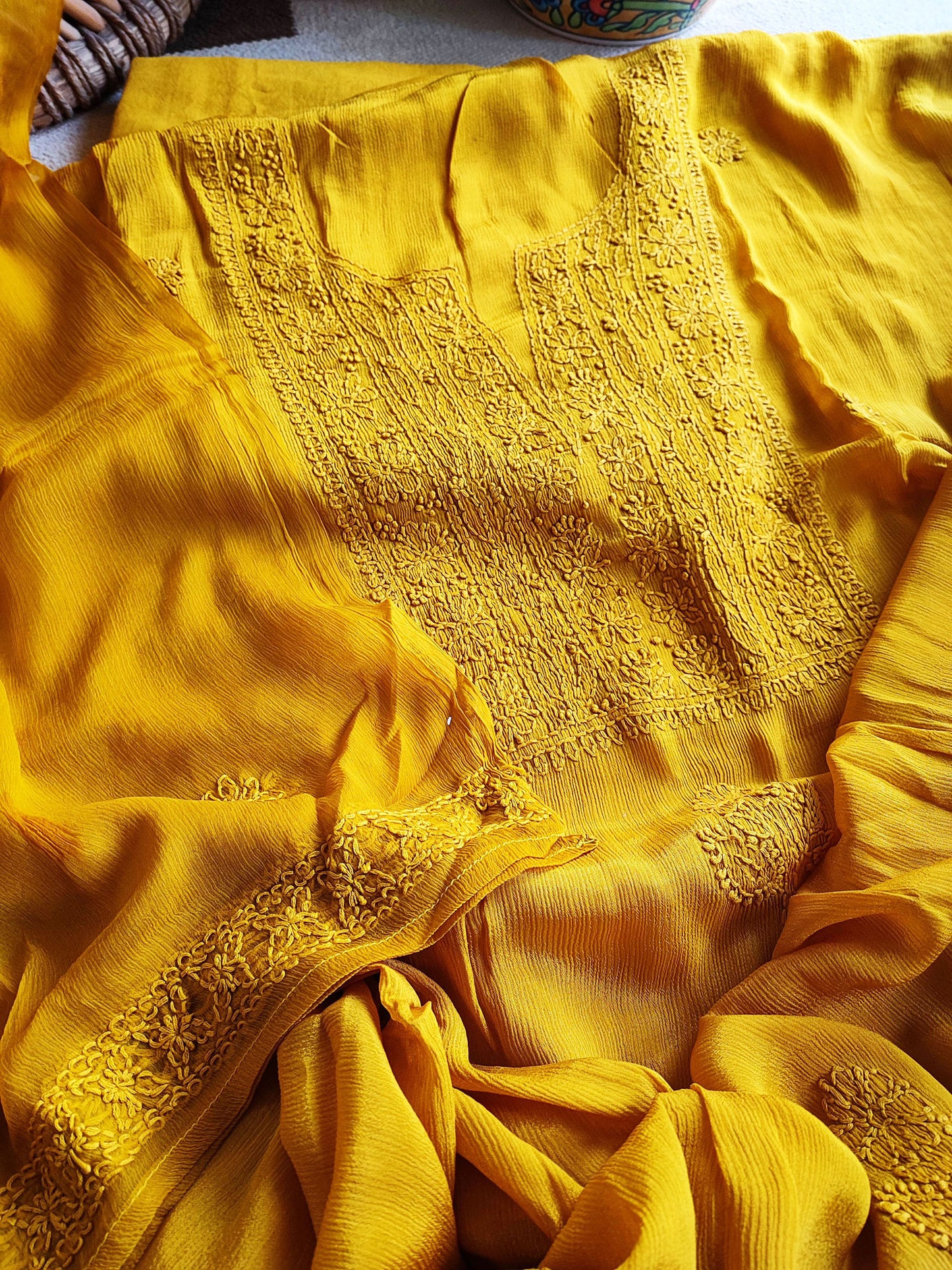 Mustard Lucknowi Chiffon Suit With Chikankari Work