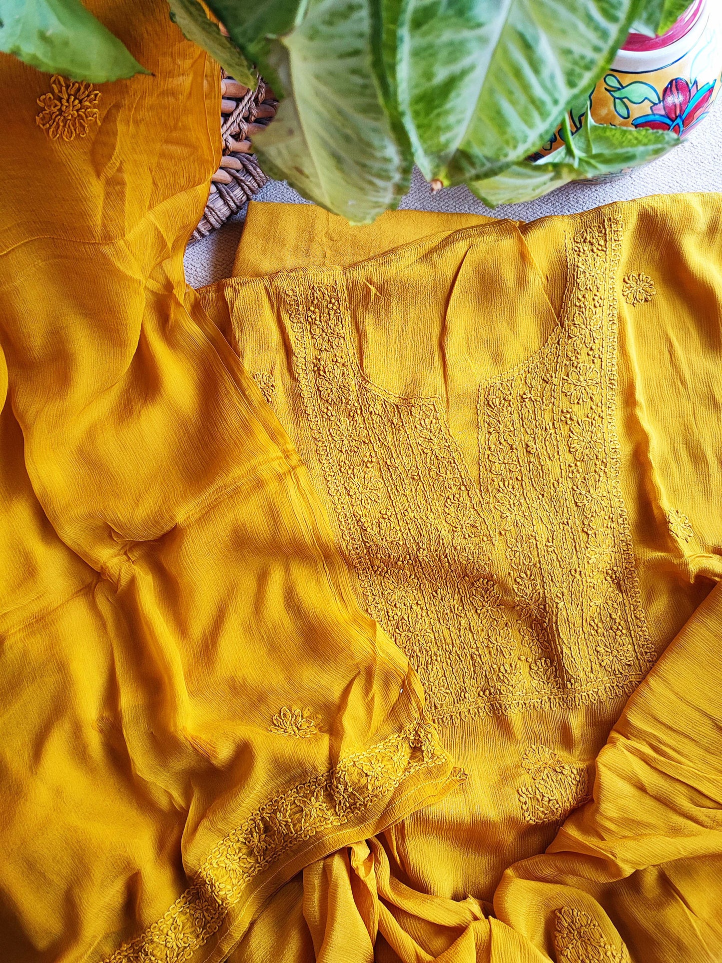 Mustard Lucknowi Chiffon Suit With Chikankari Work