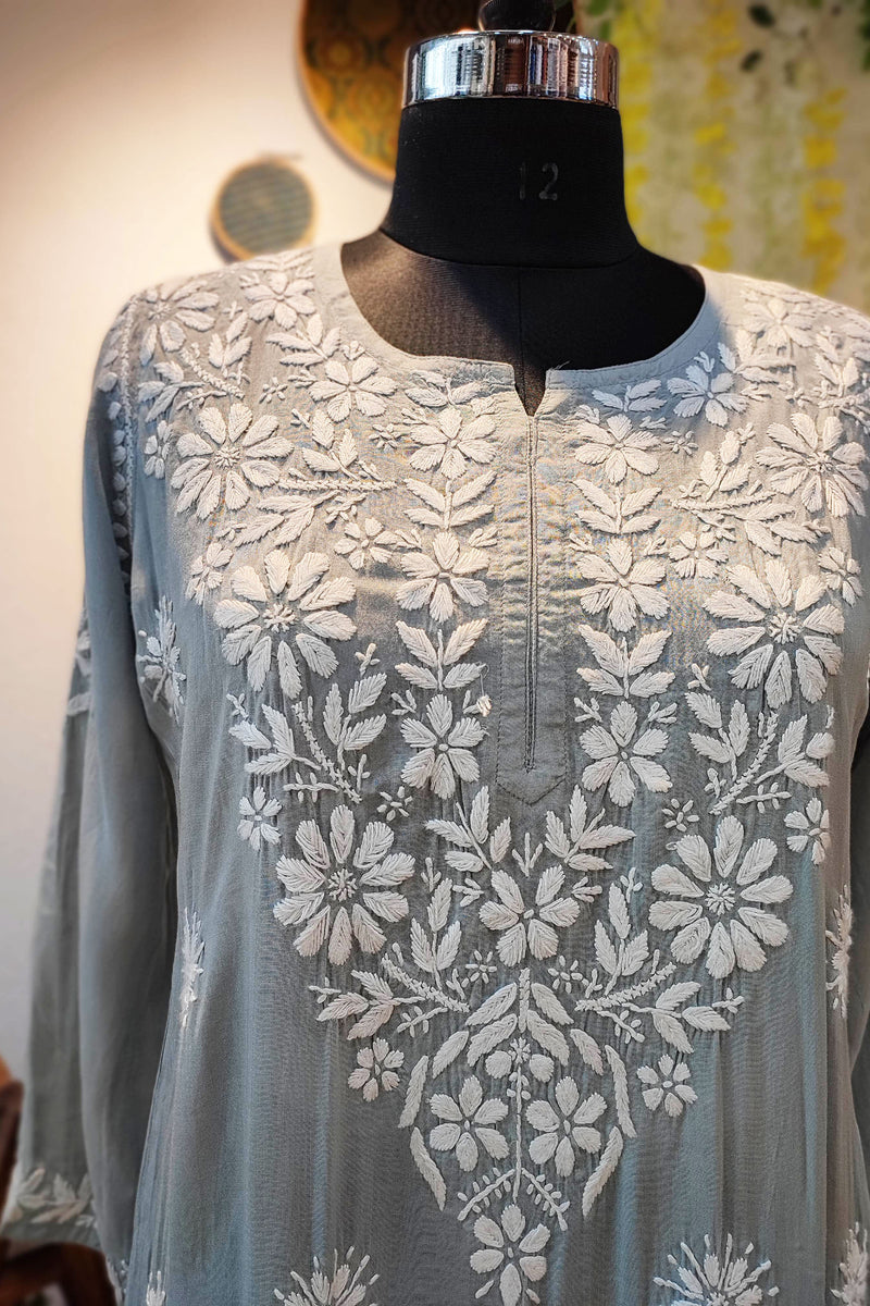 Light Gray Lucknowi Chikankari Modal Silk Kurta