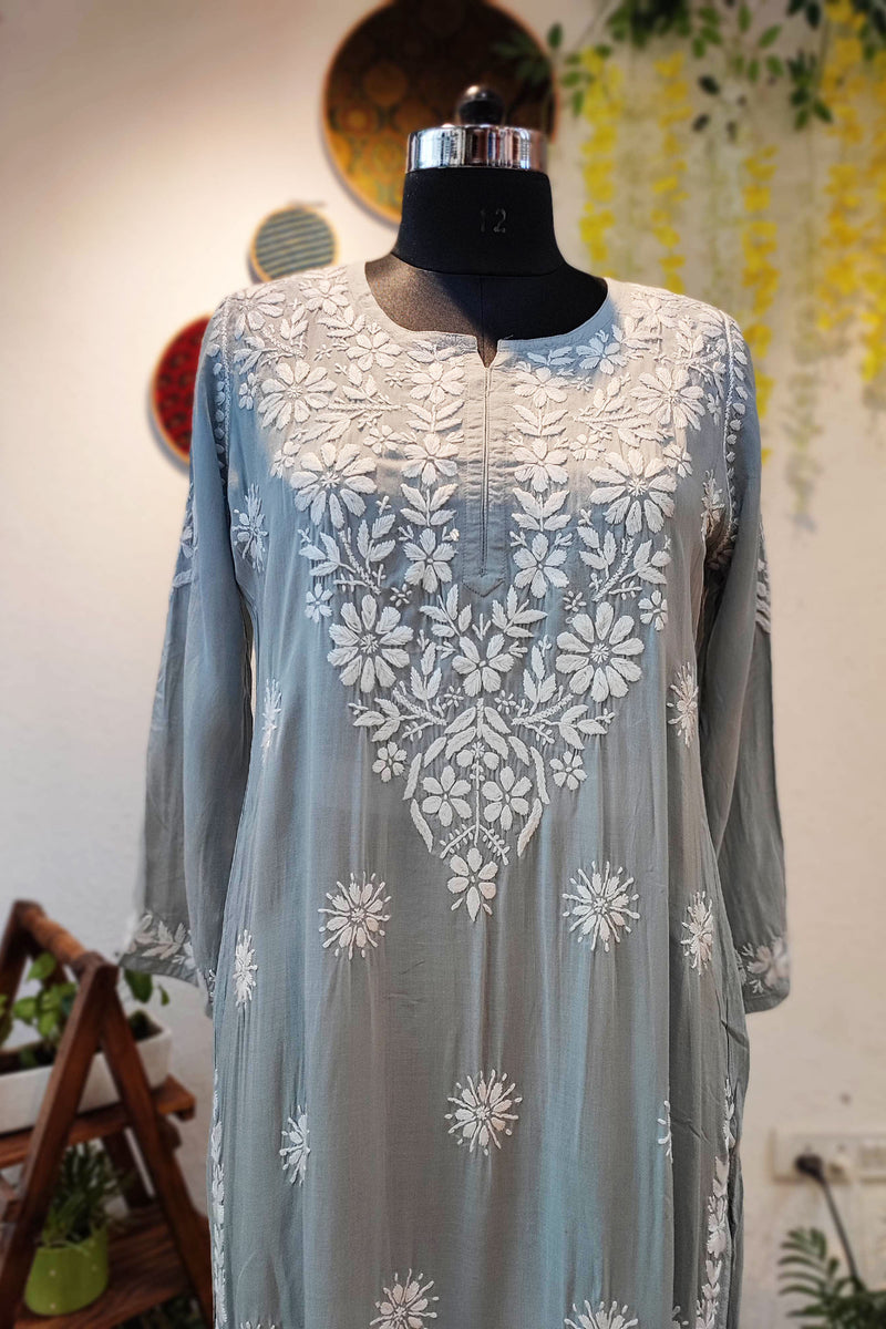 Light Gray Lucknowi Chikankari Modal Silk Kurta