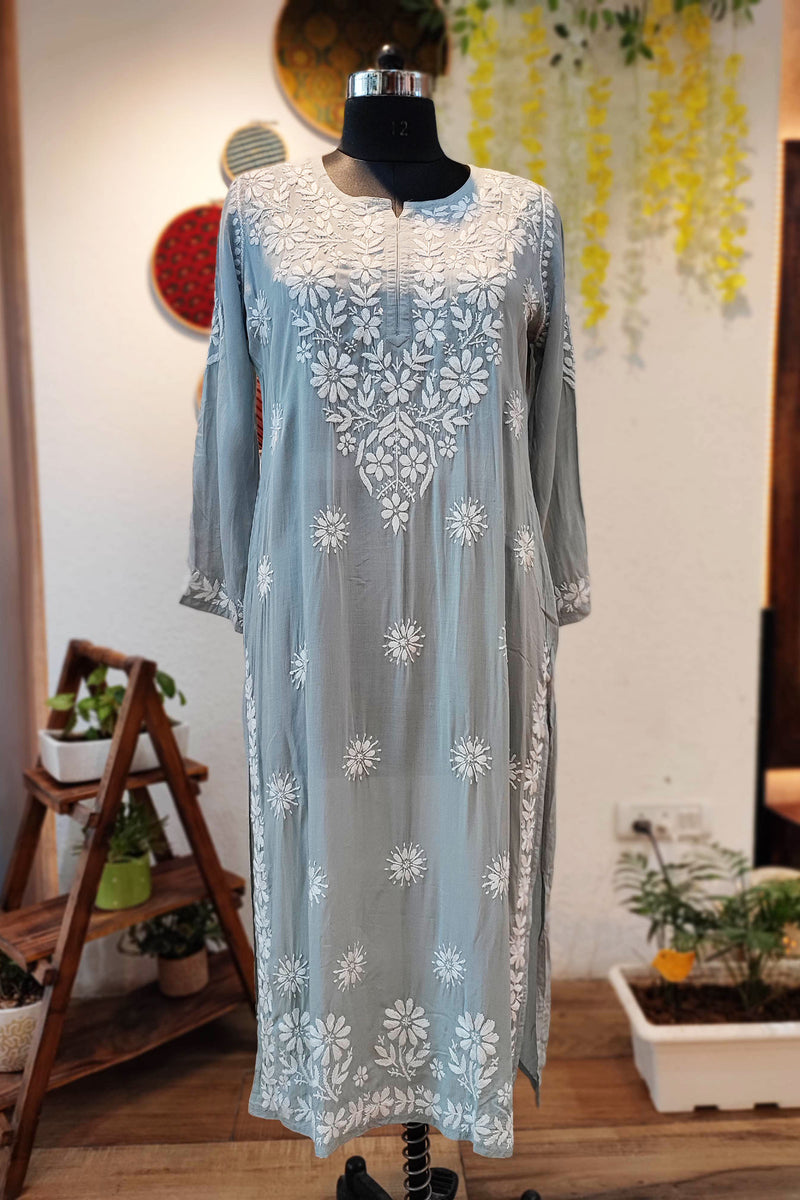 Light Gray Lucknowi Chikankari Modal Silk Kurta