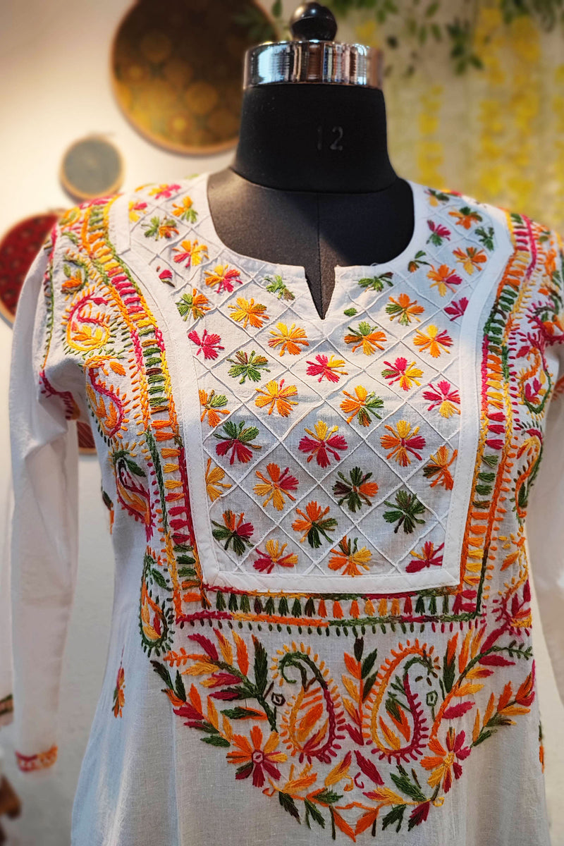 Pure Cotton Lucknowi  White Kurta With Multicolor Chikankari Embroidery