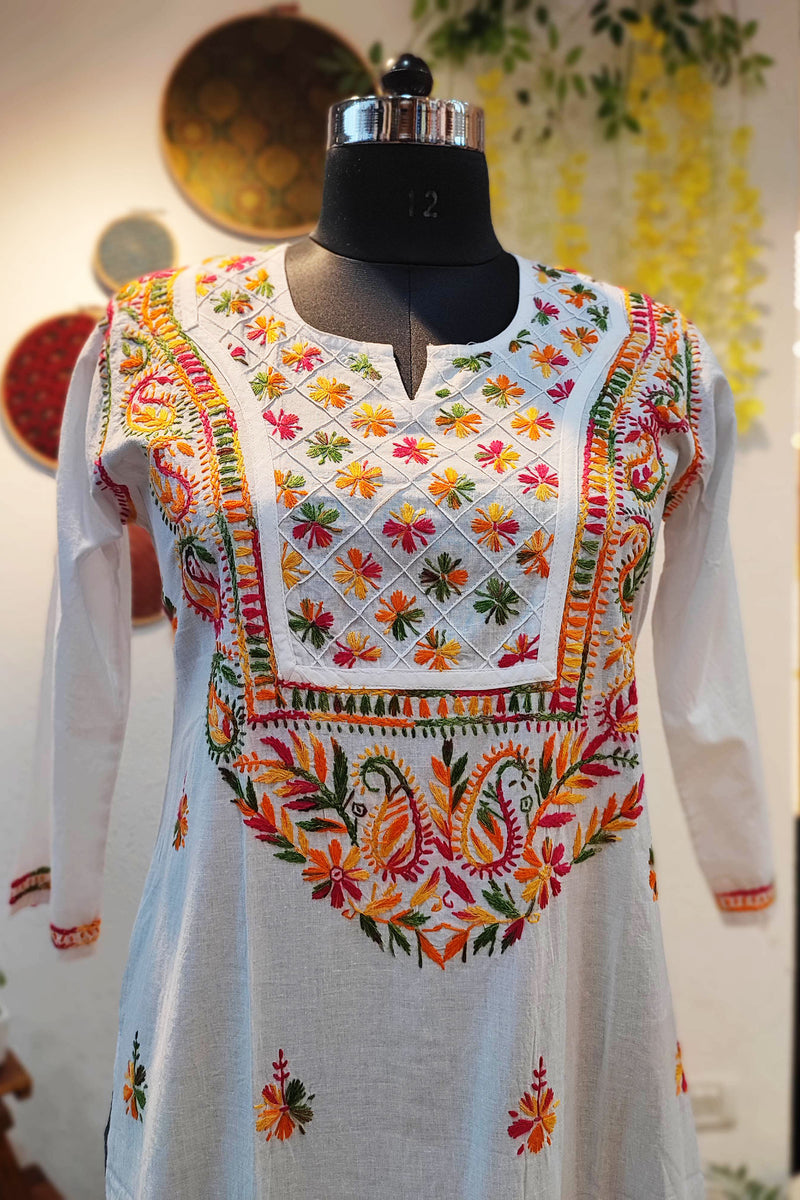 Pure Cotton Lucknowi  White Kurta With Multicolor Chikankari Embroidery
