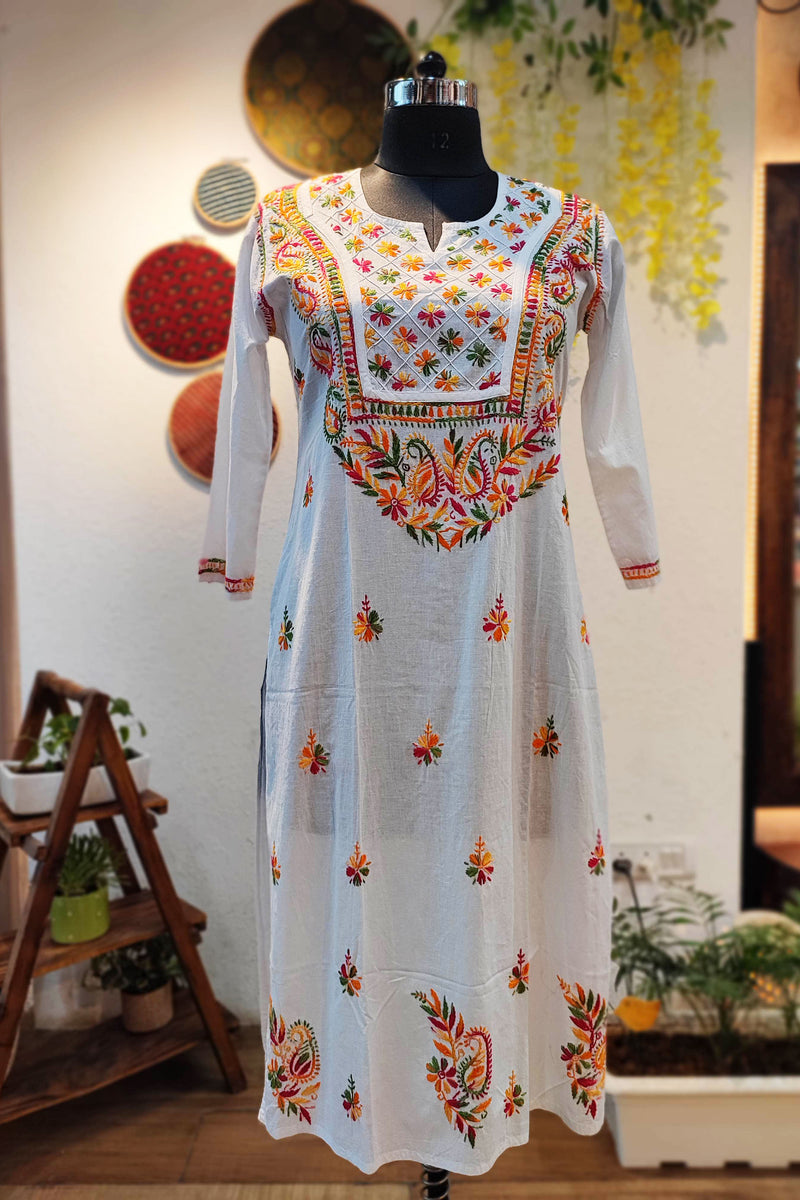 Pure Cotton Lucknowi  White Kurta With Multicolor Chikankari Embroidery