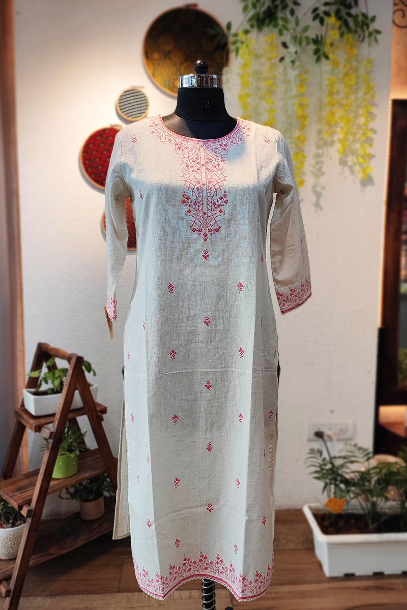 Off-White Handloom Cotton Kurta With Pink Embroidery