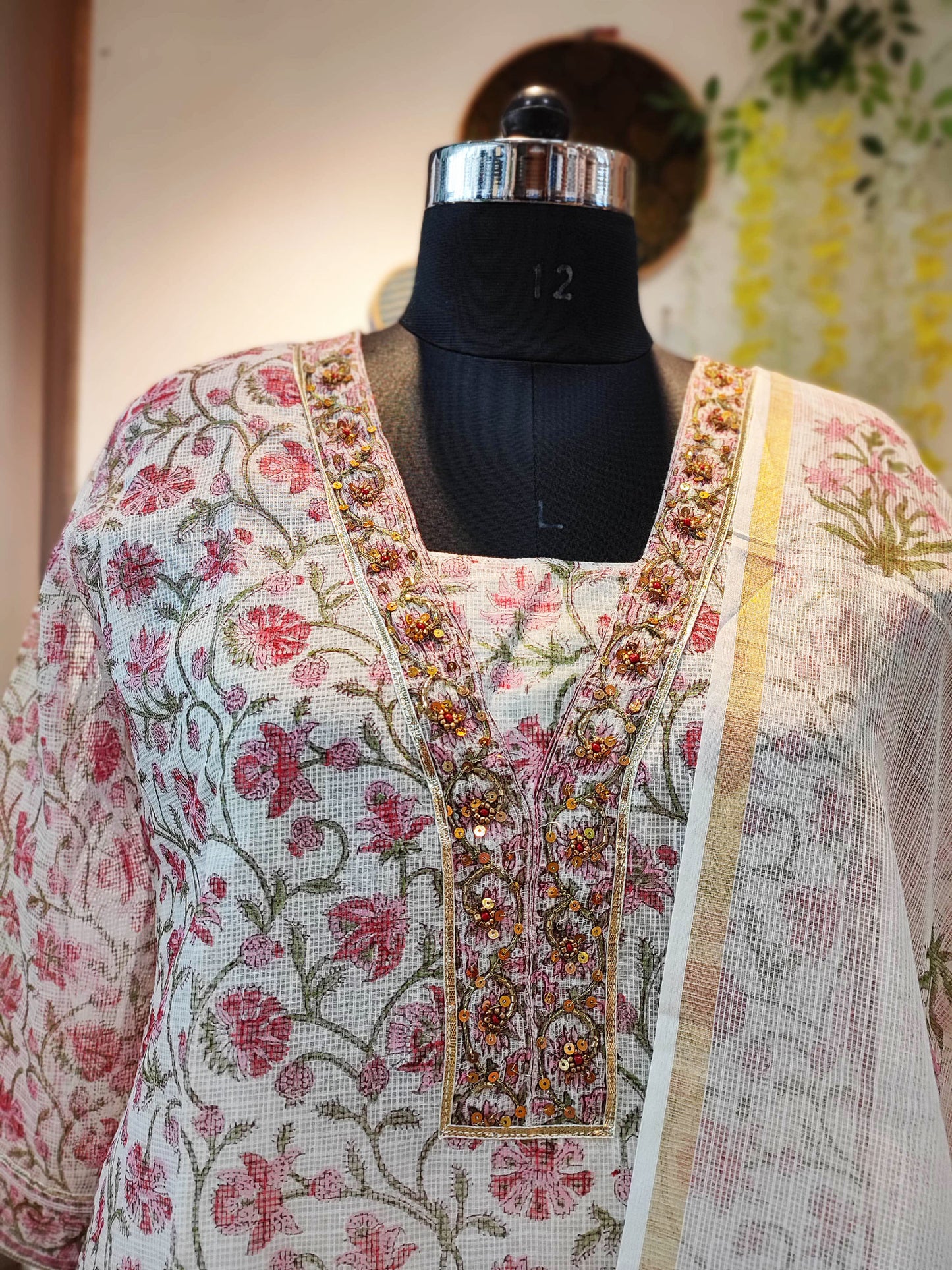 Floral Pink Handblock Print Kota Suit Set