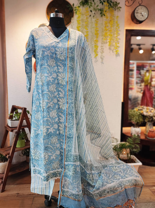 Sky Blue Cotton Suit Set With Kota Dupatta