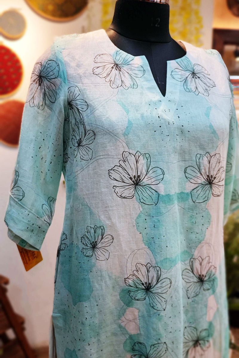 Off White & Sky Blue Printed Linen Kurta With Thin Cotton Lining