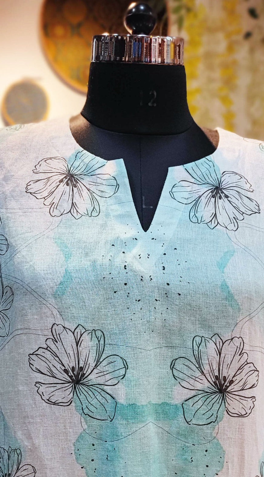 Off White & Sky Blue Printed Linen Kurta With Thin Cotton Lining
