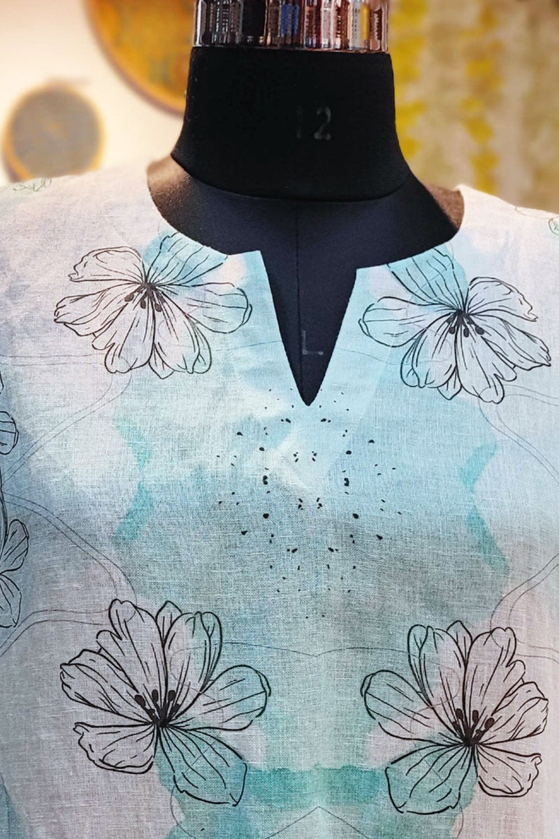 Off White & Sky Blue Printed Linen Kurta With Thin Cotton Lining