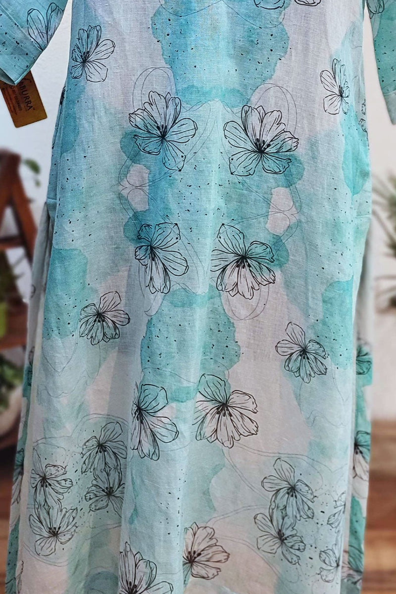 Off White & Sky Blue Printed Linen Kurta With Thin Cotton Lining