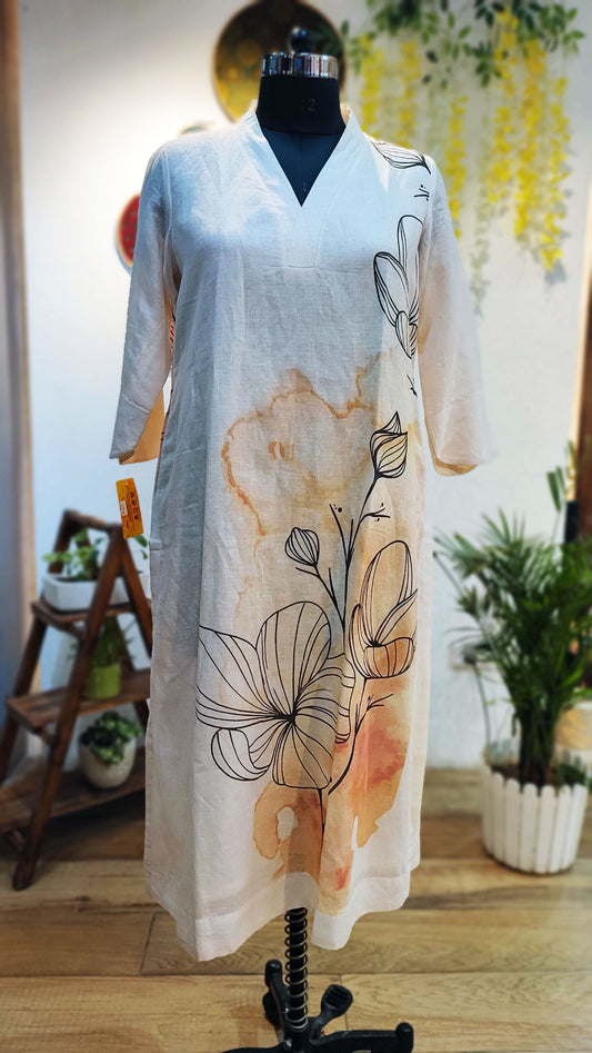 Off White Printed Linen Kurta With Thin Cotton Lining