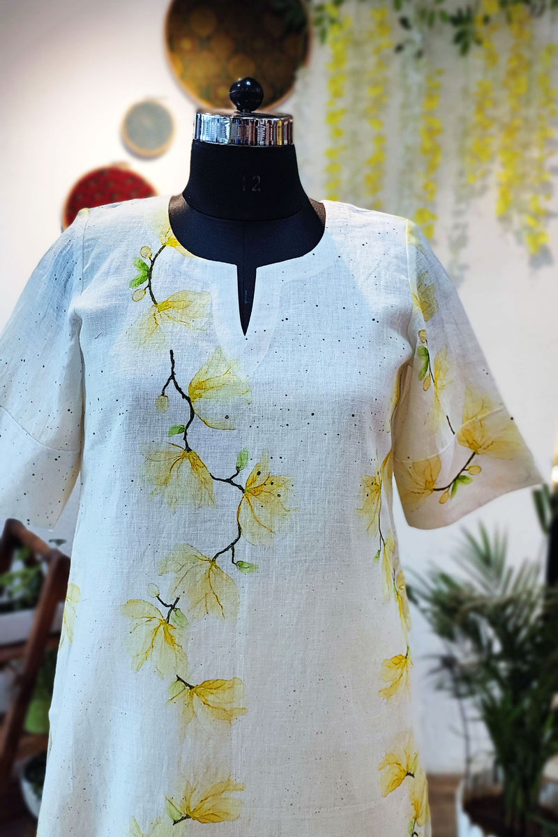 Lemon and Off White Printed Linen Kurta With Thin Cotton Lining