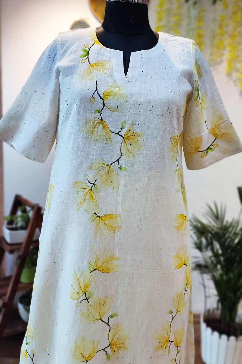 Lemon and Off White Printed Linen Kurta With Thin Cotton Lining