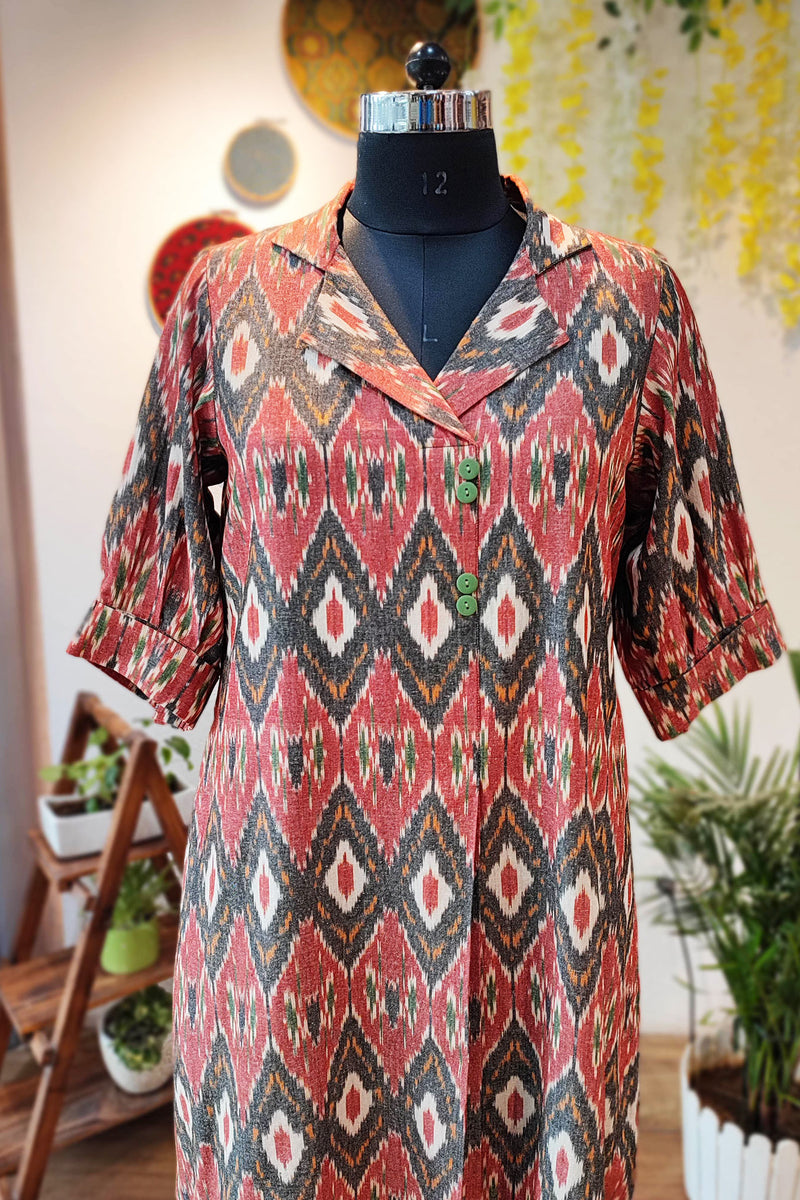 Brick Red & Charcoal Pure Ikkat Handloom Indo Western Dress