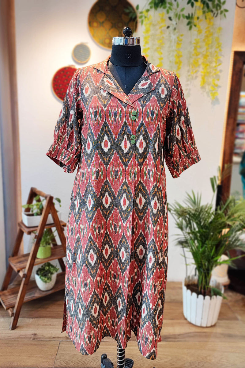 Brick Red & Charcoal Pure Ikkat Handloom Indo Western Dress