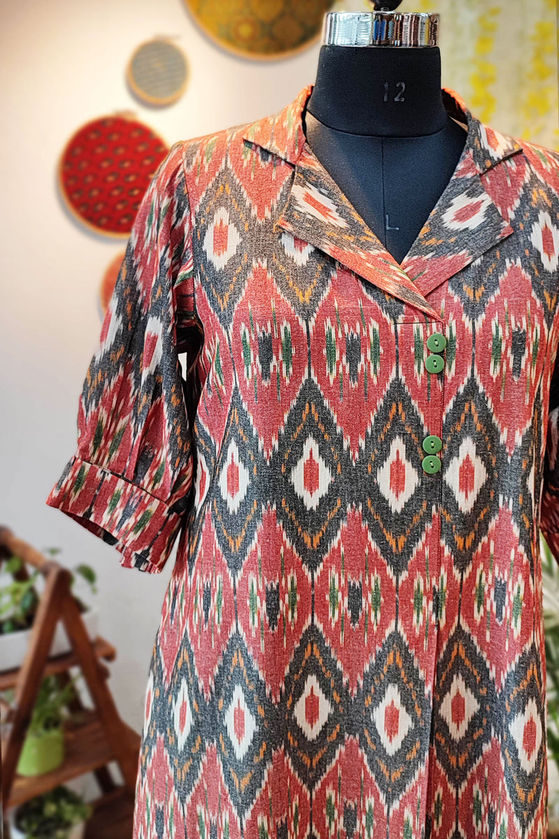 Brick Red & Charcoal Pure Ikkat Handloom Indo Western Dress