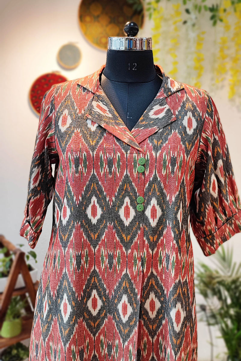 Brick Red & Charcoal Pure Ikkat Handloom Indo Western Dress
