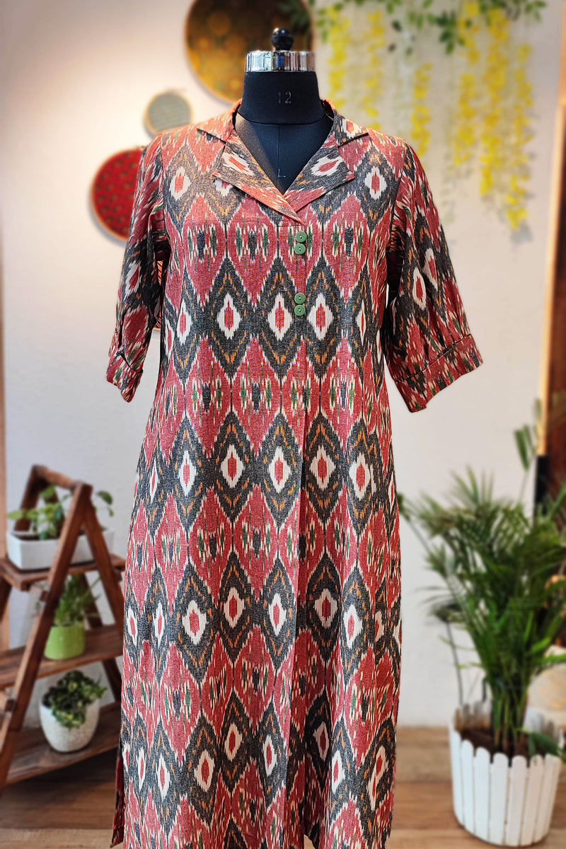 Brick Red & Charcoal Pure Ikkat Handloom Indo Western Dress