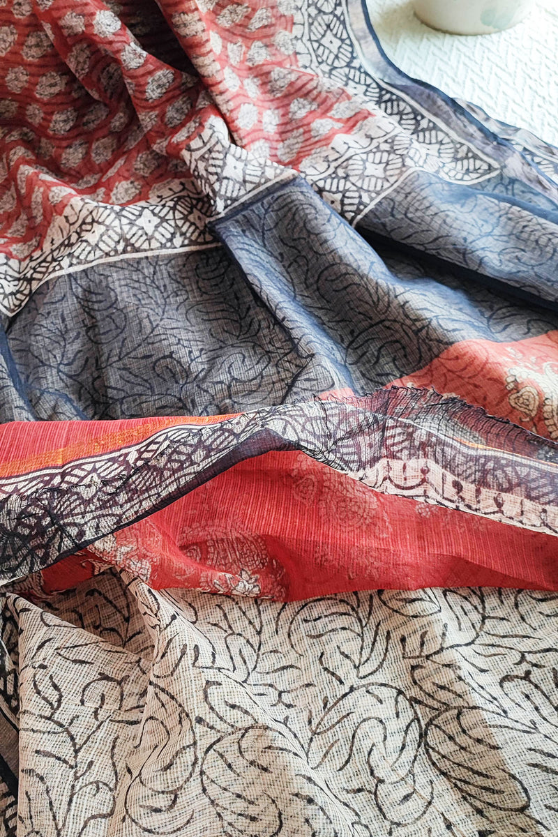Black, White & Red Premium Kota Doria Handblock Printed Saree