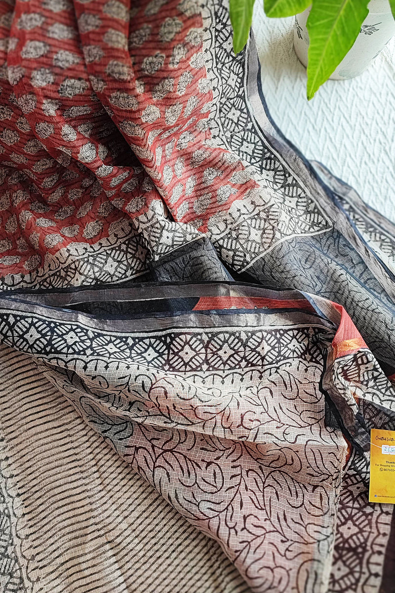 Black, White & Red Premium Kota Doria Handblock Printed Saree