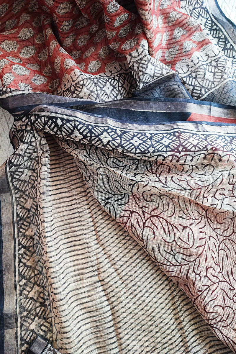 Black, White & Red Premium Kota Doria Handblock Printed Saree
