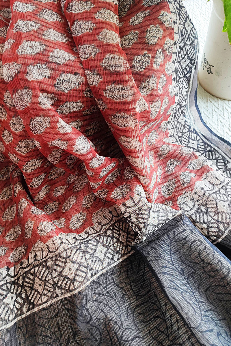 Black, White & Red Premium Kota Doria Handblock Printed Saree
