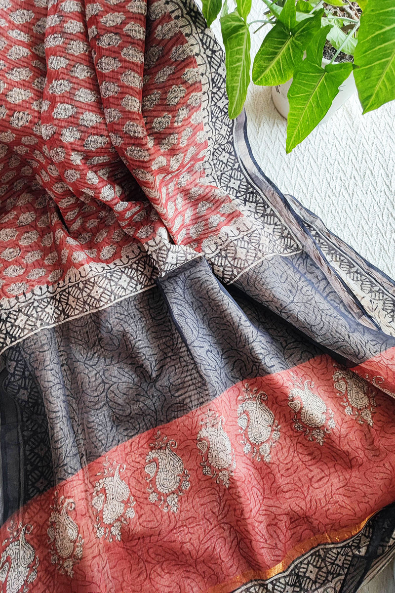 Black, White & Red Premium Kota Doria Handblock Printed Saree